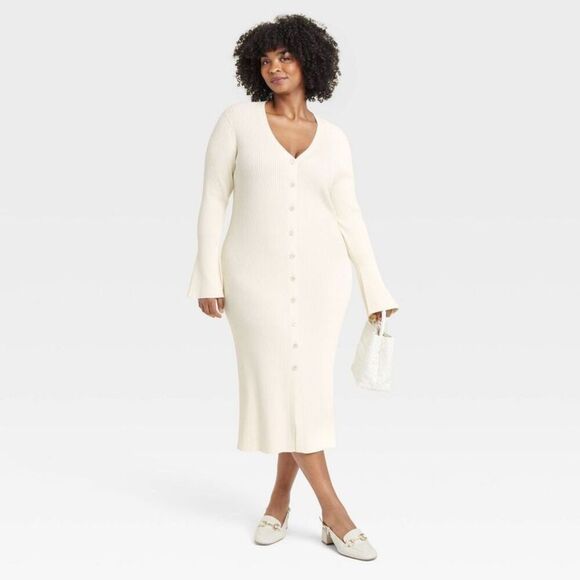 A New Day - Women's Bell Long Sleeve Midi Sweater Dress - A Ne Cream - Picture 3 of 4